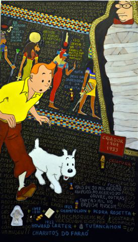 Denise Araripe Tintin O Cigarro do Farao acrilicabastao a oleo e ferro sobre tela Tintim nas telas dos quadros, antes da tela do cinema