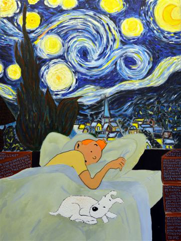 Denise Araripe serie Tintin starry night bastao a oleo e acrilica sobre tela Tintim nas telas dos quadros, antes da tela do cinema