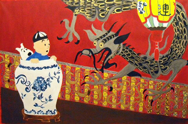 Denise Araripe serie Tintin China folha de prata de leifolha de ouroacrilica e bastao a oleo sobre tela Tintim nas telas dos quadros, antes da tela do cinema